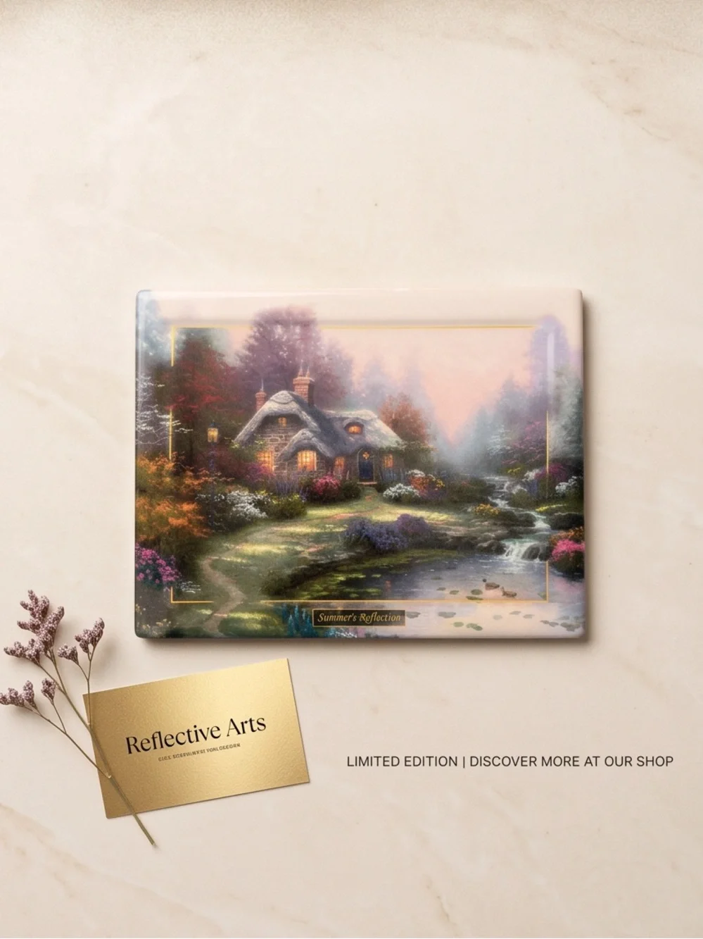 Thomas Kinkade Summer Reflection Cottage in Pink, Purple, Green, Blue